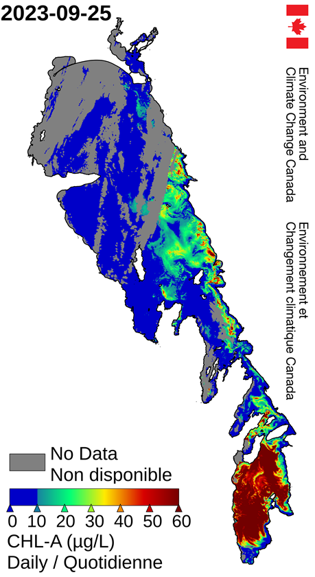 Environment Canada's colour coded map showing the concentration of chlorophyll a in Lake Winnipeg .